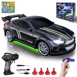 RC Дрифт-кар Mini Drift 1/64 з LED підсвіткою, 2 режими швидкості, чорний. Радіокерована іграшка для дітей та дорослих з перешкодами та килимком для перегонів