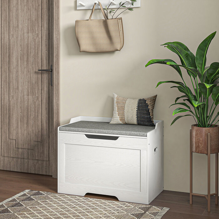 Скриня для зберігання об'ємом 103 літри, лавка з місцем для зберігання та запобіжним шарніром, з м'яким сидінням, підходить для різних кімнат, білого кольору.