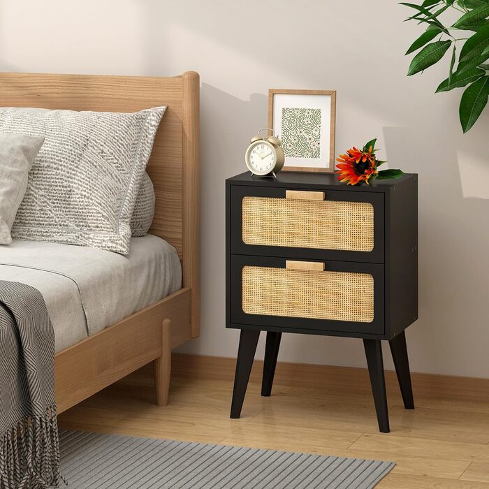Журнальний столик з ротангу, чорний колір, з 2 висувними ящиками, стиль бохо, для вітальні та спальні