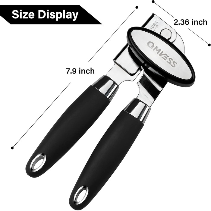 Ручний відкривач для банок QMVESS, нержавіюча сталь, безпечні краї, протиковзкий, з відкривачем для скляних пляшок (чорний)