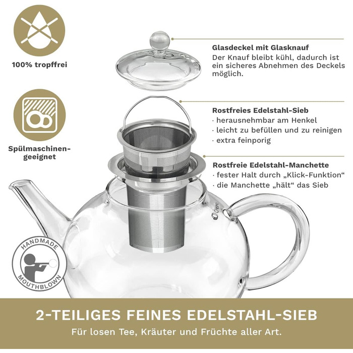 Скляний чайник Creano Glass Teapot 3 частини з вбудованим ситечком з нержавіючої сталі та скляною кришкою, ідеально підходить для приготування чаю оптом, без крапель, все в одному (1.2 л)