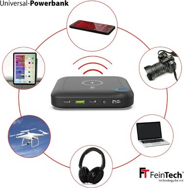 Роз'єм FeinTech PLG02400 ноутбука Powerbank 60 Вт PD USB-C та DC для ноутбука, MacBook, iPad, планшета, смартфона, камери, Nintendo Switch, бездротової зарядки 10 Вт, 88 Втгод, 24000 мАг, 122 x 122 x 28 мм