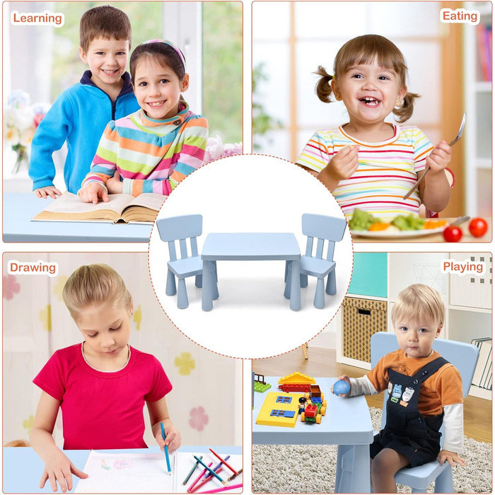 Дитячий стіл LIFEZEAL з 2 стільцями: яскрава пластикова меблева група для дітей з підлокотниками та округлими краями (Блакитний)