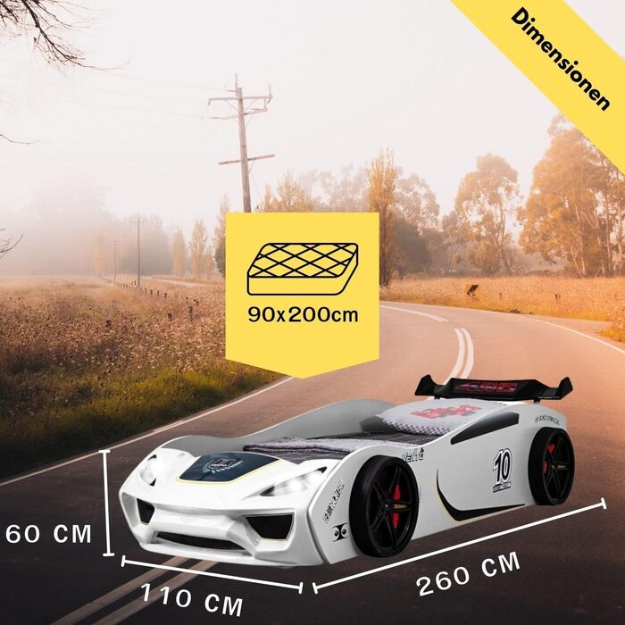 Дитяче ліжко-машина Coemo Dream Racer Cot 90x200 в дизайні гоночного автомобіля зі світлодіодним освітленням і рейковим каркасом для хлопчиків і дівчаток - Колір ліжка - Гоночне ліжко (біле)