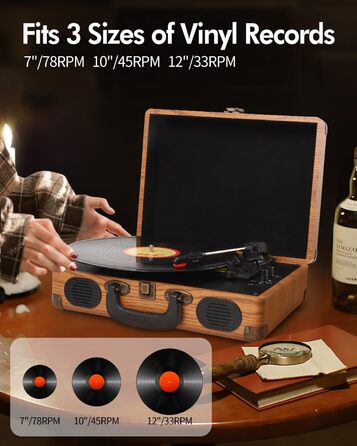Вініловий програвач з Bluetooth, цифровим енкодером, вбудованими стереодинаміками, 3 швидкості (33/45/78 об/хв), AUX-вхід/вихід, натуральне дерево