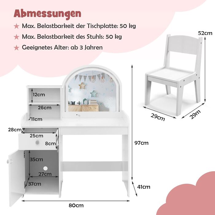 Дзеркальний столик для макіяжу Dreamade 2 в 1 для дівчаток з пуфом та LED-підсвіткою, з ящиком, полицею та шафкою, з дерева (білий)