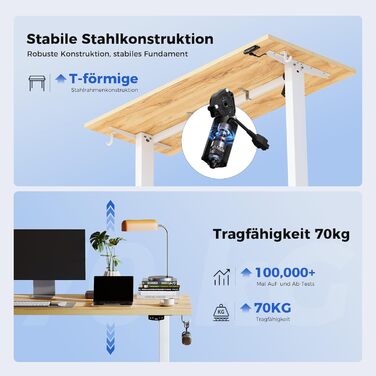 Регульований за висотою стіл Agilestic: електричний, з пам'яттю, ергономічний, для комп'ютера, 150 x 60 см, білий/світло-коричневий