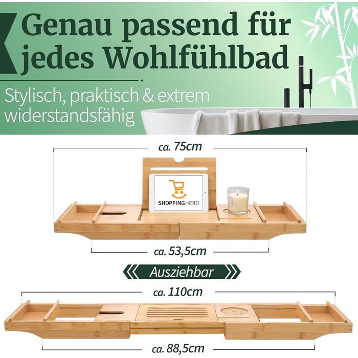 Підставка для ванни з бамбука - велика з розкладним тримачем | Підставка для ванни, столик для сніданку