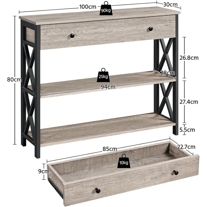 Консольний стіл Yaheetech з ящиком і 2 полицями, X-Frame, 100x30x80 см, сірий