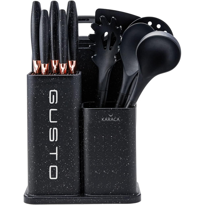 Набір ножів Karaca Gusto 12 предметів з обробною дошкою та кухонними аксесуарами, з нержавіючої сталі, ергономічні ручки, чорний колір