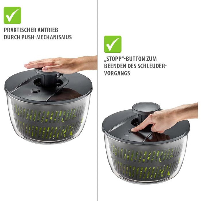 Салатниця GEFU з відром для відстоювання, 3л, чорно-сіра | Пластикова миска з вбудованим ситом та механічним приводом