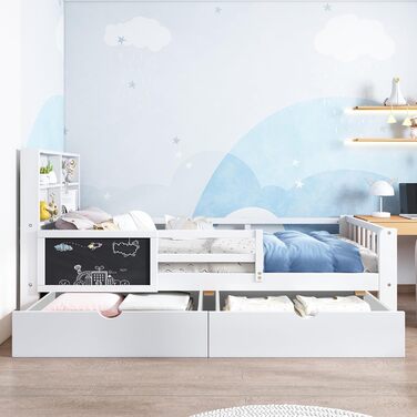 Дитяче ліжко Кiндербет 90x200 з шухлядами, полiцями та захистом, бiле. Ліжко-трансформер для підлітків, бiле, без матраца