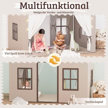 Дитяче намет-будиночок EROMMY 2-в-1 з килимком, прапорцями та світлодіодними смугами, двостулковими дверима, даховим вікном, для дому, вік 3+, коричневий