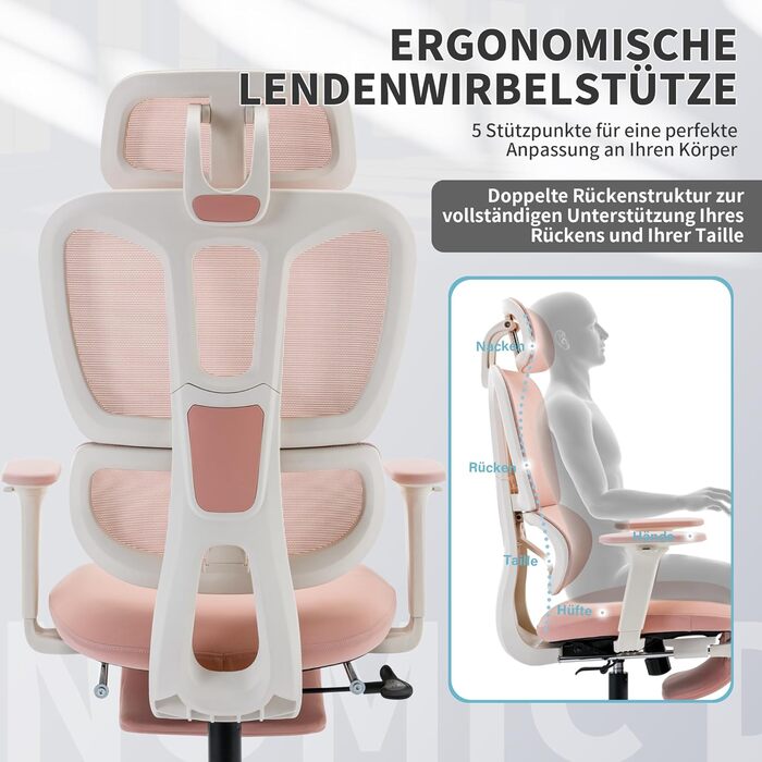 Ергономічне крісло для офісу з підніжкою, висока спинка, 2D-підголівник, відкидні підлокітники, сидіння з губки, сітчастий крісло для офісу, крісло для начальника, комп'ютерне крісло для дорослих (рожеве)