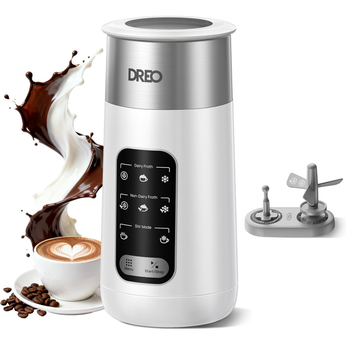 Dreo електричний спінювач молока 8-в-1 для лате арт, 270 мл, з підігрівом, LED, білий
