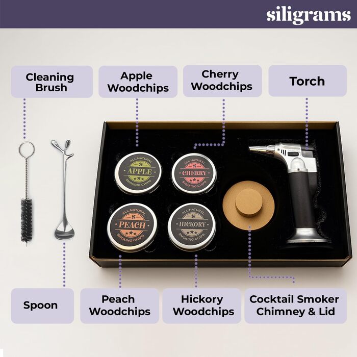 Набір для копчення напоїв Siligrams Cocktail Smoker Set: преміум-набір для віскі, коктейлів, з бутановою факелом та стружкою