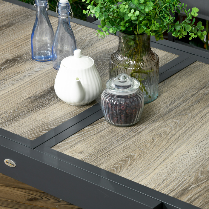 Розкладний садовий стіл з алюмінієвим каркасом та імітацією текстури дерева, розміром 160 x 80 x 75 см. Легкий у догляді.