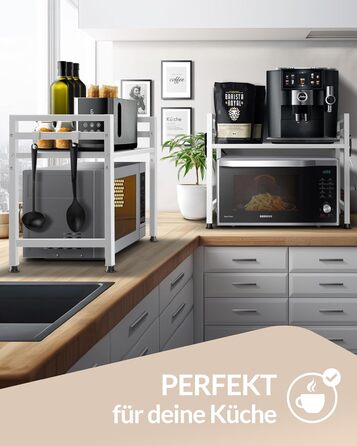 Стійка для мікрохвильової печі та кухонні полиці з нержавіючої сталі, 2-ярусна | Стійка для мікрохвильовки, полиця для зберігання, полиця для пекаря, регульована висота та довжина | З інструкцією у відеоформаті та гачками (Білий)