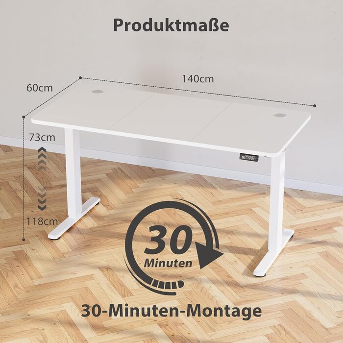 Регульований стіл за висотою з USB-C зарядкою, електричний стіл з пам'яттю, стіл для стоячи/сидячи, комп'ютерний стіл для офісу, стоячий стіл, білий Pro White Pro (білий, 140 x 60 см)
