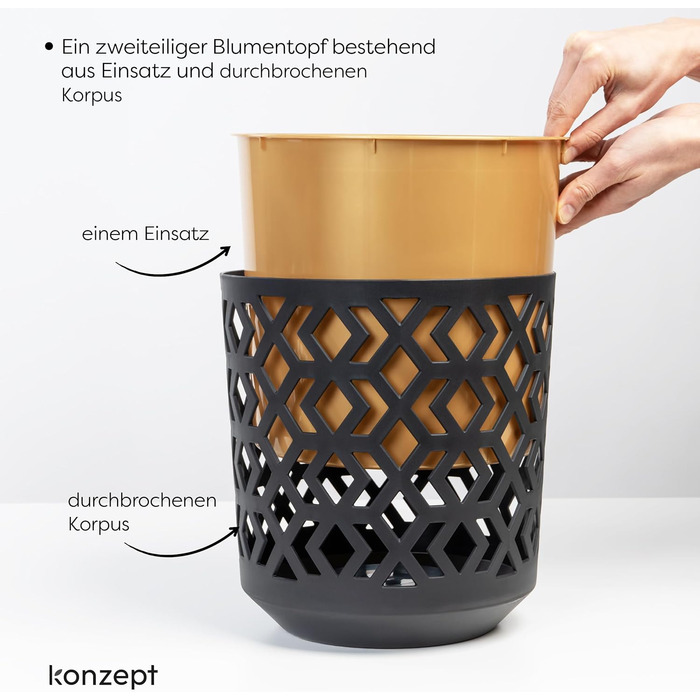 Квітчанка KONZEPT 30 см, 12 л, пластик, для дому та балкону, чорно-золота