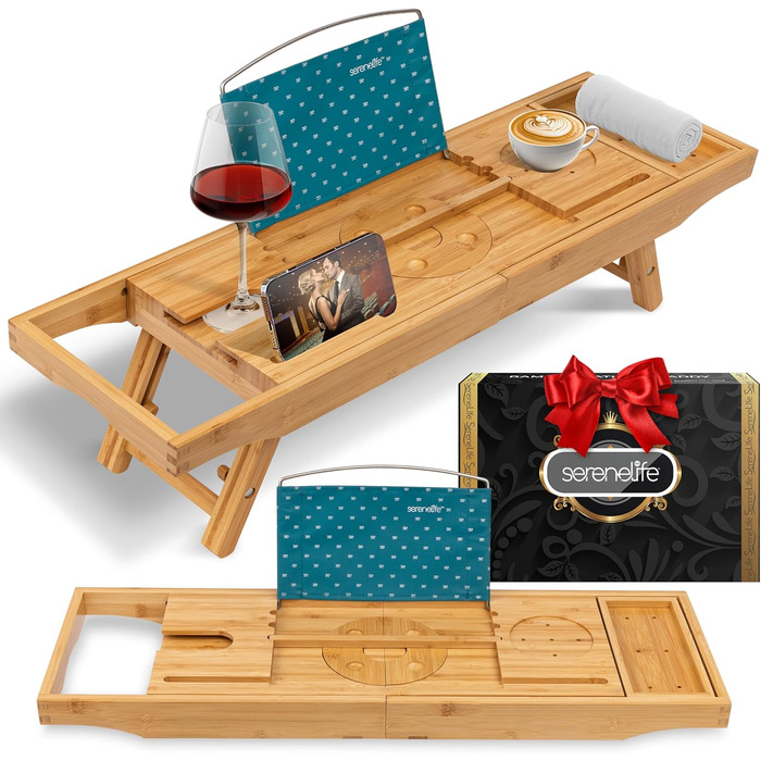 Сервірувальне піднос SereneLife 2-в-1 для ванни та ліжка – бамбуковий, складаний, регульований за розміром, вологостійкий, з жорсткою та м'якою задньою частиною, подарунковий набір