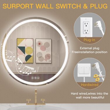 Дзеркало для ванної кімнати Habison з підсвічуванням 70x70 см LED, з годинником, сенсорним вимикачем, регулюванням яскравості, захистом від запотівання, 3-х кратним збільшенням, Bluetooth, 3 кольори світла