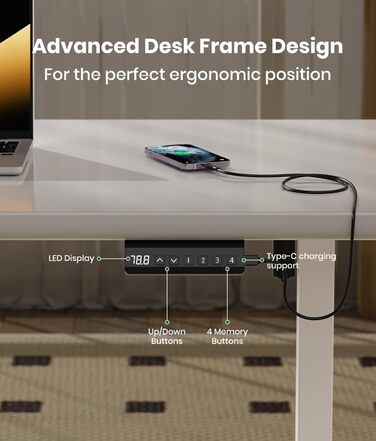 Електричний стіл з регулюванням висоти, білий. Стільниця з USB-C, пам'ять, 2 гачки. Міцний, з двома моторами