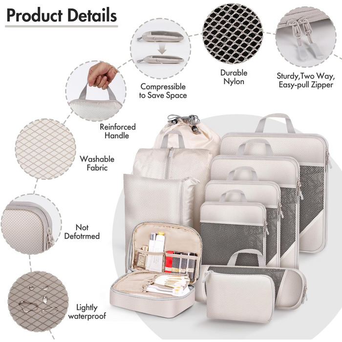 Набір органайзерів для валізи та рюкзака 10 предметів, компресійні сумки для одягу та речей у подорож, чорний