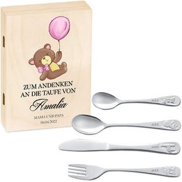 Набір дитячого столового прибору Maverton Kinderbesteck з гравіюванням та дерев'яною коробкою з малюнком тварин - з нержавіючої сталі, коричневий - подарунок для дівчинки на день народження, хрещення, народження - різдвяні подарунки - плюшевий ведмедик