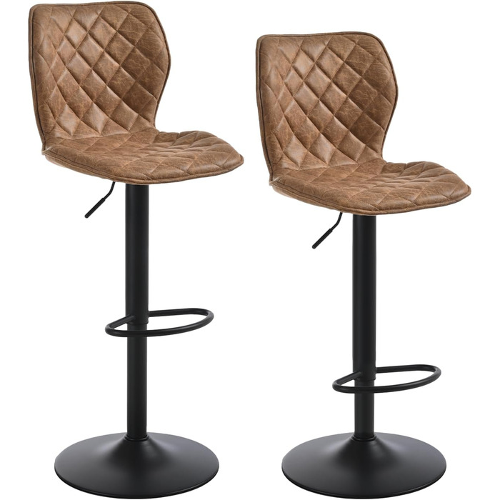 Барний стілець регульований по висоті з підніжкою та спинкою – 360° обертання, PU шкіра, набір 2 шт, коричневий