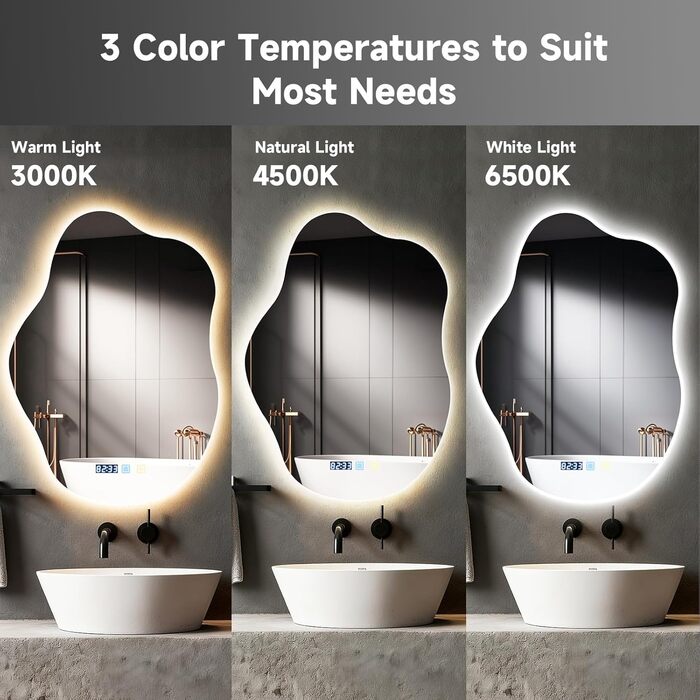 Дзеркало для ванної кімнати Sararoom з підсвічуванням, кругле LED дзеркало 70x50 см, 3 кольори світла, диммування, антизапар, пам'ять, загартоване скло