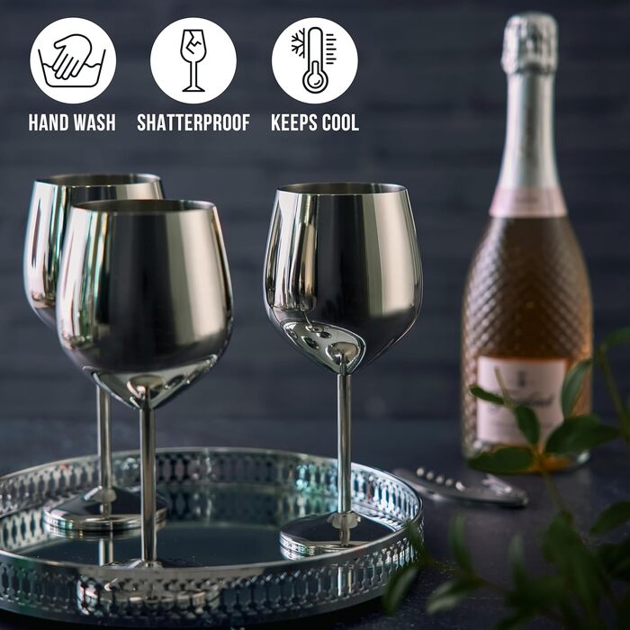 Набір з 4 елегантних келихів для вина з нержавіючої сталі Oak & Steel (540 мл, сріблясті) - міцні, незламні, подарунковий набір для свят