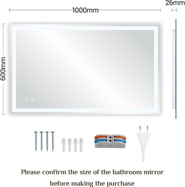 Дзеркало для ванної кімнати з підсвічуванням 80x60 см, LED дзеркало з 3 кольорами світла, регулюванням яскравості, захисне скло, сенсорне управління, функція пам'яті, запобігання запотіванню, для ванної кімнати