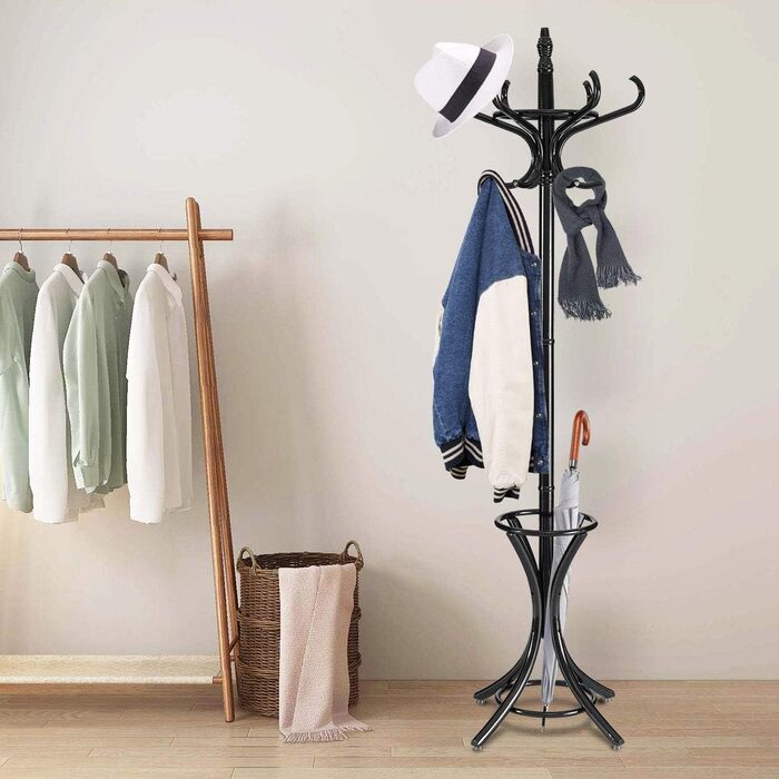 Стойка для одягу GIANTEX з підставкою для парасольки, дерев'яна, 12 гачків, для прихожей/вітальні (чорна)
