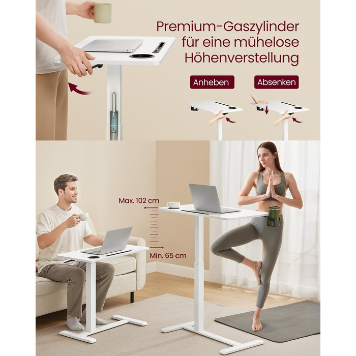 Столик приставний VASAGLE на колесах, мобільний, 70x40 см, регульована висота, 2 тримачі для напоїв, слот для телефону/планшету, білий (LSD600W01)