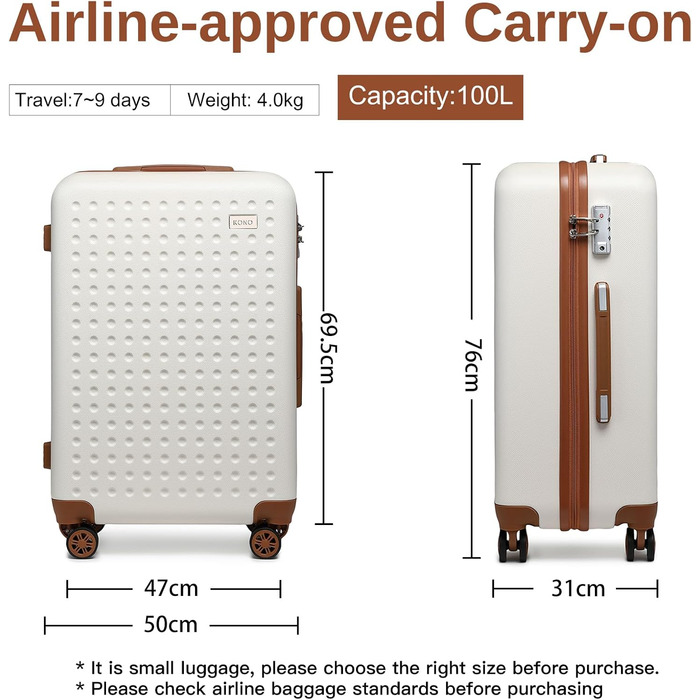 Чохол-валіза KONO, валіза-ролер XL, 76 x 50 x 31 см, ABS, 8 коліс, TSA-замок, білий