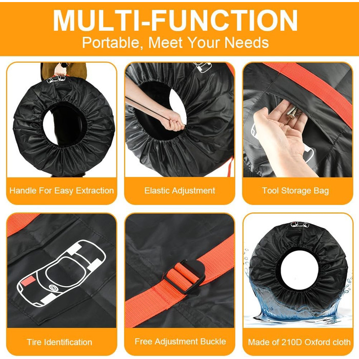 Набір чохлів для шин 4 шт., захисні чохли для шин 13-18 дюймів, з ручкою, для зимових та літніх шин, для чистого транспортування та зберігання, чорний, S(діаметр 66 см)