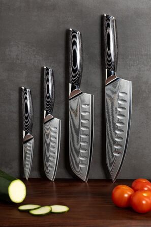 Набір кухонних ножів Wolfblood PRO Damaststahl XL (4 ножі) з нержавіючої сталі Дамаск, 33/31/23/19 см, з сертифікацією TÜV, 62 HRC, з дерев'яною ручкою, подарункова коробка та захист леза