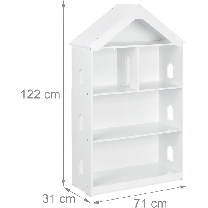 Дитяча полиця Relaxdays, форма будиночка, 5 відділень, висока, для книг та іграшок, ВхШхГ 122x731 см, полиця для дитячої кімнати, біла