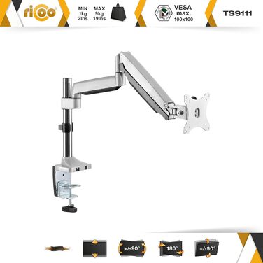 Тримач для монітора RICOO TS3011: кріплення для 13-34 дюймових моніторів VESA 75x75/100x100, газ-амортизатор, регулювання висоти, настільний кріплення