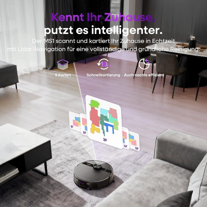 Робот-пилосос MONSGA з функцією миття, 5000Pa, час роботи 180 хв, система захисту від ковтунів, LiDAR навігація, для килимів та шерсті тварин, керування через додаток та пульт (чорний)