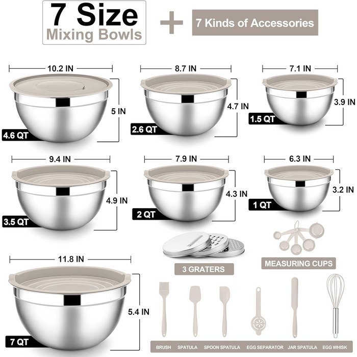 Набір міксерів E-far з кришками, 21 предмет: нержавіюча сталь, 3 насадки-тертки, розміри 7, 4.6, 3.5, 2.6, 2, 1.5, 1QT, вкладна конструкція, повітріодкі кришки хакі, для випічки/приготування