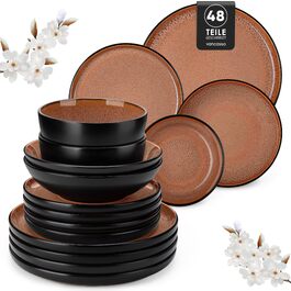 Набір посуду Vancasso AMBER 12 осіб, 48 предметів: тарілки обідні, десертні, супові, миски, червоний, реактивна глазур, для посудомийної машини