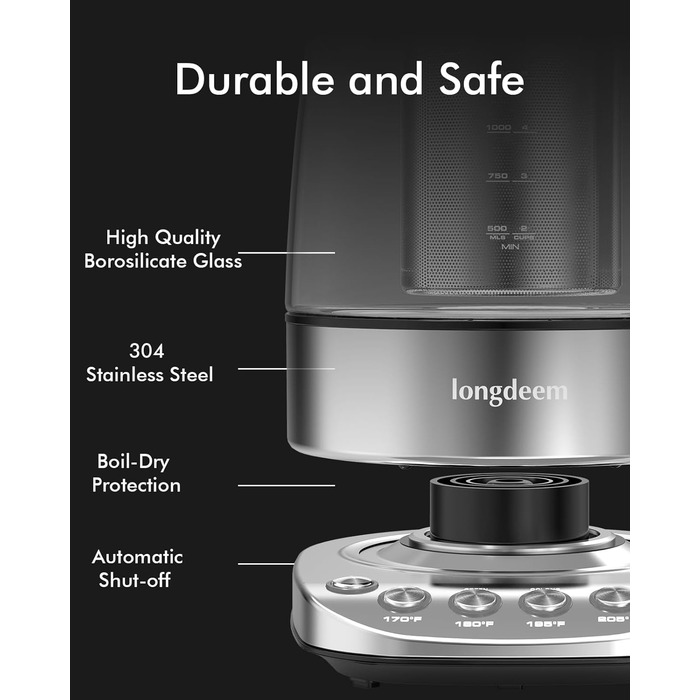 Електричний чайник LONGDEEM, 1,7 л/2200 Вт, скло та нержавіюча сталь, автоматичне вимкнення, без бісфенолу А, срібло
