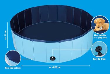 Басейн для домашніх собак - 120 х 30 см - Середні породи собак - Складна ванна для собак - Нековзне дно - Зі зливним клапаном - Синій