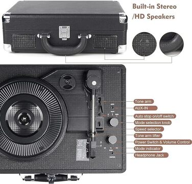 Вініловий програвач Bluetooth Vintage, 3 швидкості 33/45/78 об/хв, вбудовані стереодинаміки, RCA та AUX-вхід, чорний