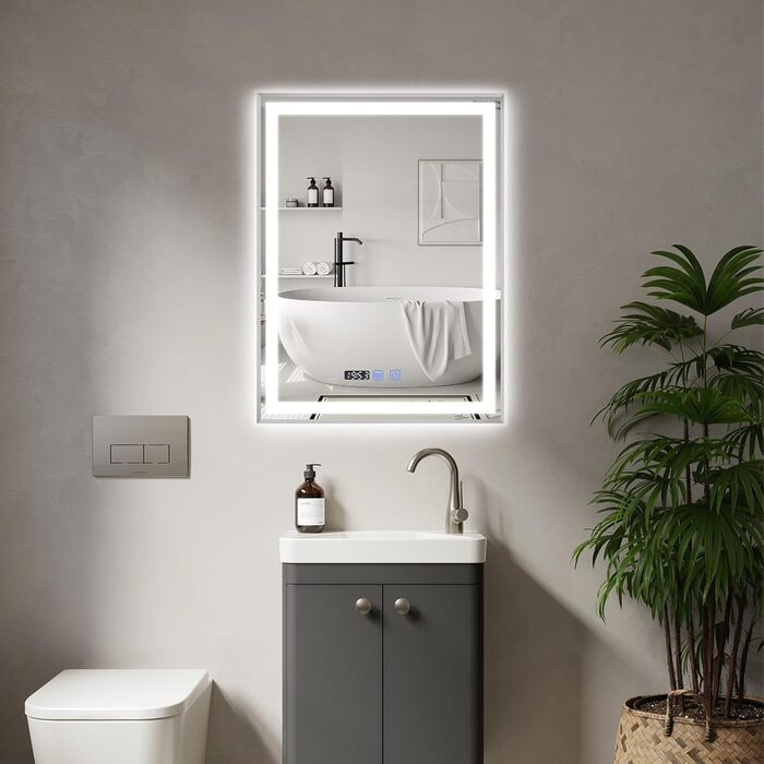 Дзеркало для ванної кімнати YOURLITE з підсвічуванням, 85x55 см, LED, сенсорне керування, 3 кольори світла, регулювання яскравості, антизапар, горизонтальне/вертикальне, IP44, білий (срібний, 80x60 см)