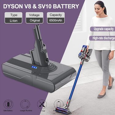 Акумулятор для Dyson V8 SV10, LONGFIT 6500mAh Змінна батарея для V8 Absolute/Animal/Fluffy/Motrhead/Parquet