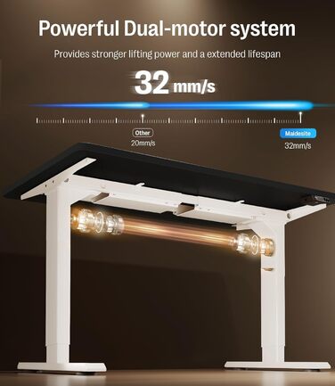 Регульований стіл MAIDeSITe S2 Pro (160x80 см) - електричний, з підняттям, чорний каркас, білий стіл, 160 кг, з захистом від зіткнень