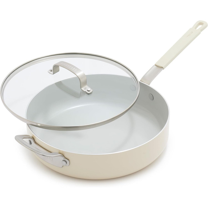 Набір кухонного посуду GreenPan x Bobby Flay 13 предметів: професійний алюміній, керамічне антипригарне покриття без PFAS та PFOA, індукційний, силіконовий ручка, сумісний з посудомийною машиною (4.5QT сковорода з кришкою, кремовий)